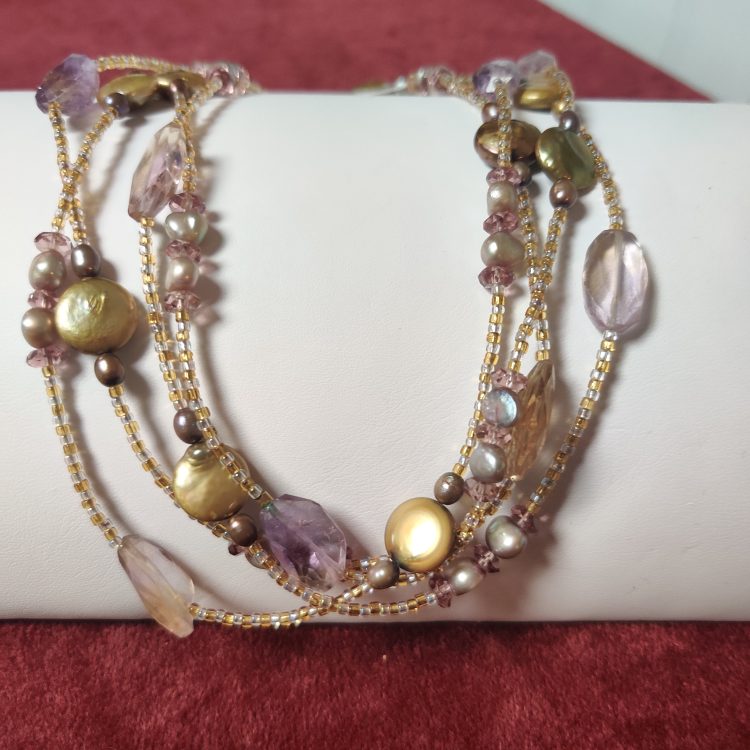 Extra-long Amethyst, Pearl, and Ametrine Wrap Beads