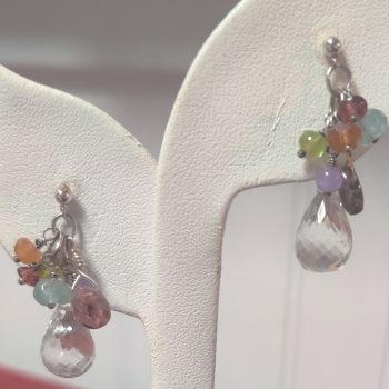 Fairy Earrings of Faceted Quartz Crystal Teardrop and Semi-precious Gemstones