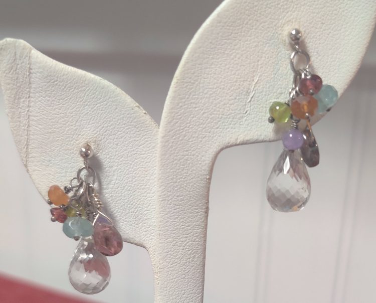 Fairy Earrings of Faceted Quartz Crystal Teardrop and Semi-precious Gemstones